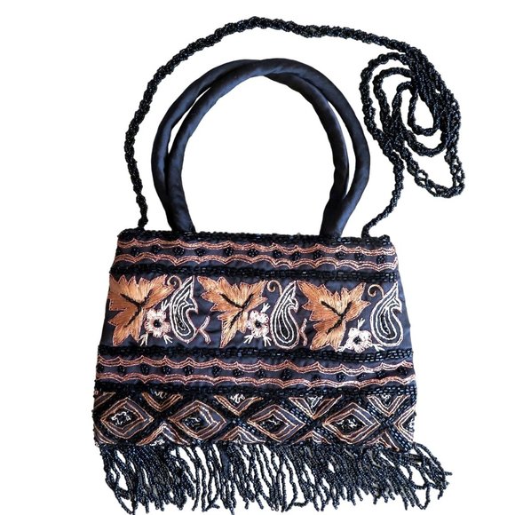 Vintage Silk Embroidered Seed Bead Purse Handles Shoulder Strap Flapper Art Deco - Picture 1 of 16